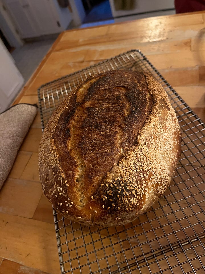 two images: on the left, a couple of balls of bread dough on a dusted countertop. on the right, a loaf of sourdough bread coated in sesame seeds