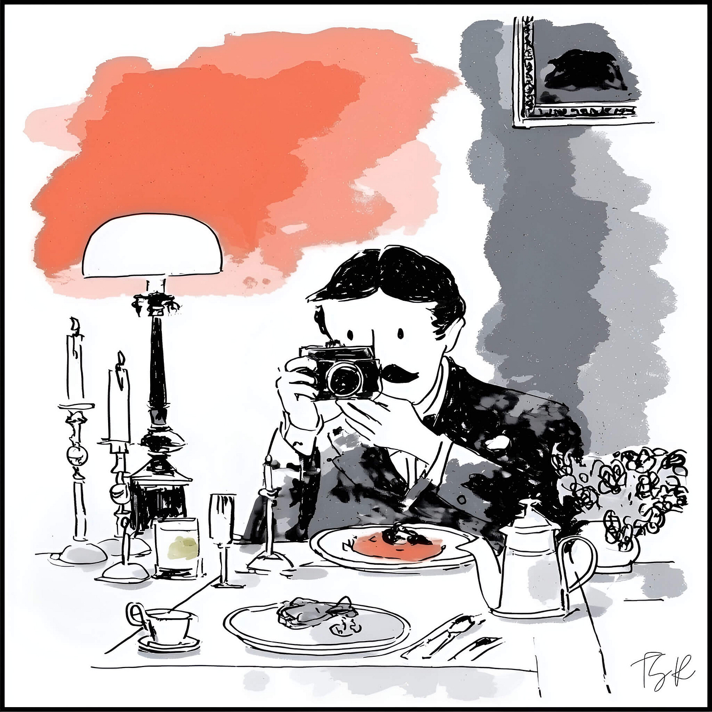 An ink illustration of Marcel Proust at a formal dining table, holding a camera to his eye to photograph the plated food. The table is set with a silver teapot, teacup, flowers, glasses, and candlesticks, accented by washes of coral and gray ink.