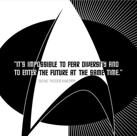 May be a black-and-white image of sailboat, sail and text that says '"IT'S IMPOSSIBLE TO FEAR DIVERSITY AND TO ENTER TE FUTURE AT THE SAME TIME." GENE RODDENBERRY'