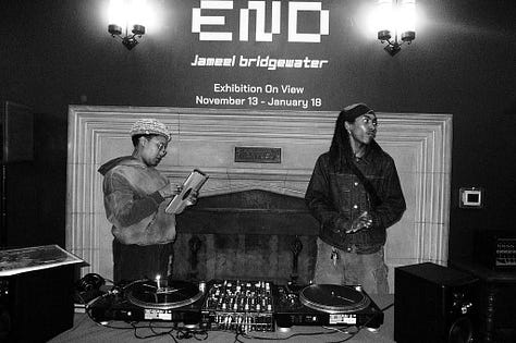 L to R: all photographs are black-and-white; blair ebony smith stands at the turn tables in front of a fireplace. behind blair the words ‘end jameel bridgewater’ are visible. there is someone standing next to blair; the middle photograph is of several folks smiling and laughing around the turn tables; blair ebony smith again standing at the turntables