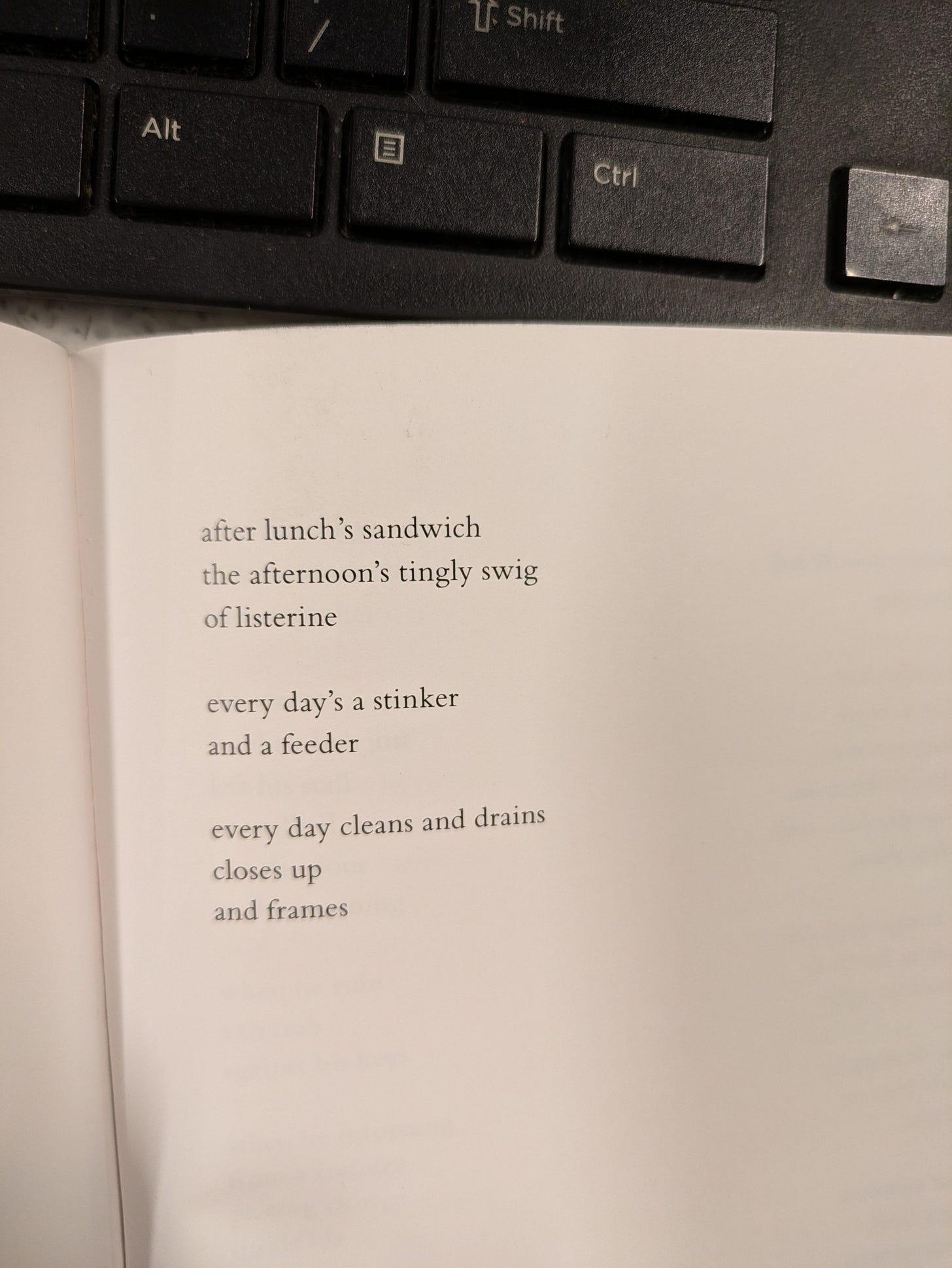 A photo of a poem on a page with a black keyboard above it. Text reads: "after lunch's sandwich / the afternoon's tingly swig / of listerine // every day's a stinker / and a feeder // every day cleans and drains / closes up / and frames"