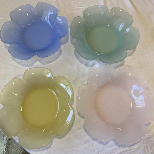 Lot of 4 Vintage Pastel Frosted Glass BOWLS Blue Green Yellow Pink Colorful - Picture 1 of 14
