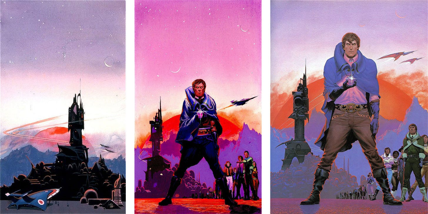 LEFT: Alternative preliminary concepts for THE BLOODY SUN. A tower rises into the sky backed by a silhouette of mountains as a red sun crests the horizon. A sleek blue spaceship sits in the immediate foreground.   CENTER: Preliminary concept for BLOODY SUN featuring a man holding out a gleaming gem. A tower rises on the left and  a small group of people to the right. The color is oversaturated as the arc of a blood red sun crests the mountains in the background.   RIGHT: Detail from THE BLOODY SUN with the same basic layout as the middle concept. A man stands with legs wide and holds out a gleaming gem. A space age tower rises to the left while a burning red sun crests the silhouette of mountains in the background, spanning the width of the panel. A cast of characters recedes on the right in a long line.
