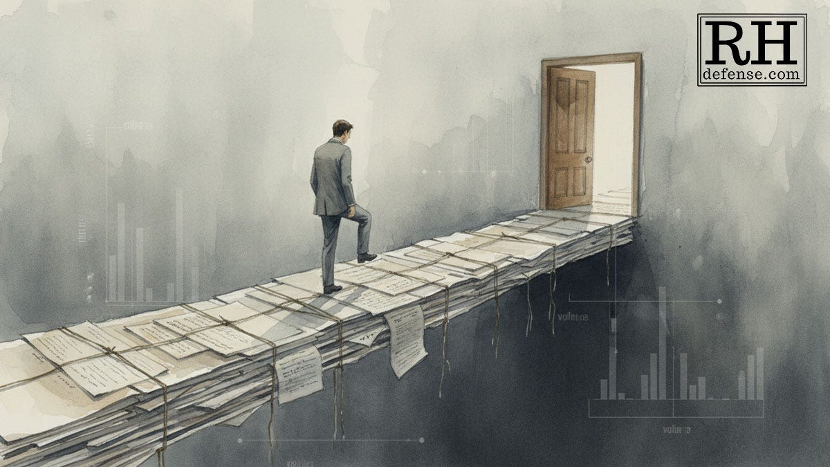Illustration of a man walking across a narrow bridge made of stacked legal papers toward an open doorway, suspended over a void, suggesting constrained choice under legal pressure. Illustration of a man walking across a narrow bridge made of stacked legal papers toward an open doorway, suspended over a void, suggesting constrained choice under legal pressure.