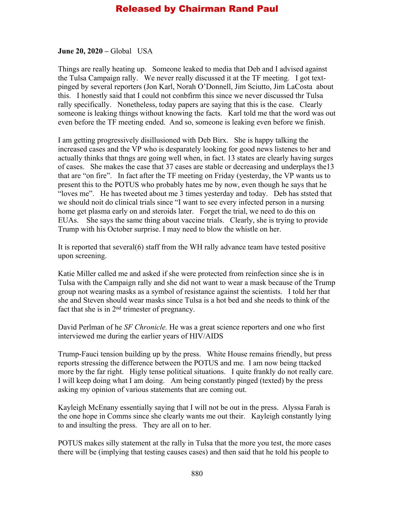 Diary page dated June 20, 2020, in which Fauci writes that Birx is trying to provide Trump with his October surprise and that he may need to blow the whistle on her.