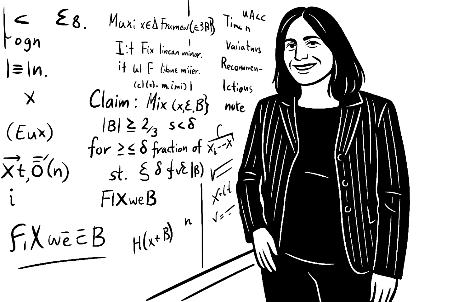 Shafi Goldwasser před tabulí, generovaná kresba podle fotografie Adriena Bissona z roku 2013