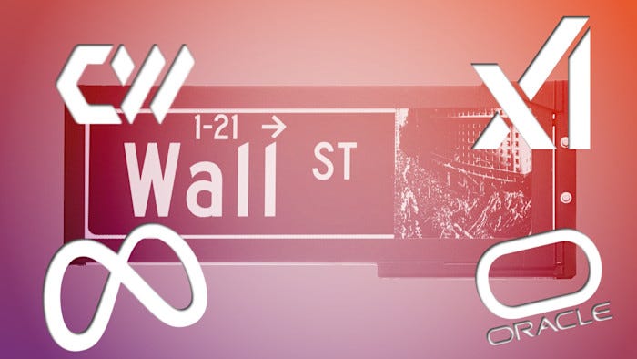 A montage of a Wall Street sign with the logos of AI companies in the foreground 