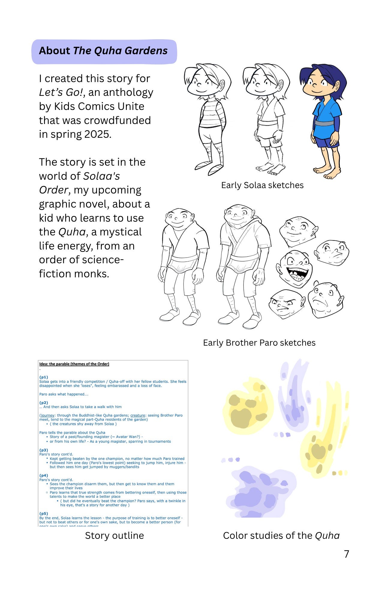 Screenshot of a page from my zine, showing sketches of my two main characters and the Quha (energy), and a screenshot of a story outline.