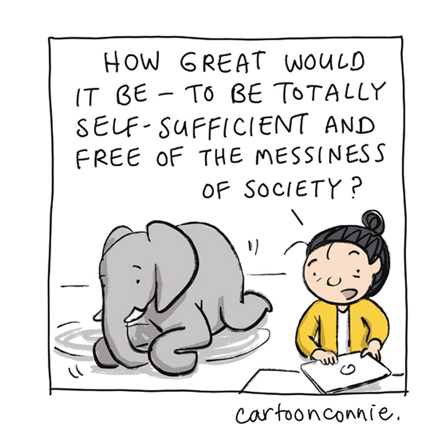 Panel 2/6 of a humorous 6-panel comic strip about self-reliance, in which an introverted character tests out the tension between needing and not needing other people. Titled "Introvert Productivity," 2026. Original artwork by Connie Sun, cartoonconnie. Panel 2/6 of a humorous 6-panel comic strip about self-reliance, in which an introverted character tests out the tension between needing and not needing other people. Titled "Introvert Productivity," 2026. Original artwork by Connie Sun, cartoonconnie.