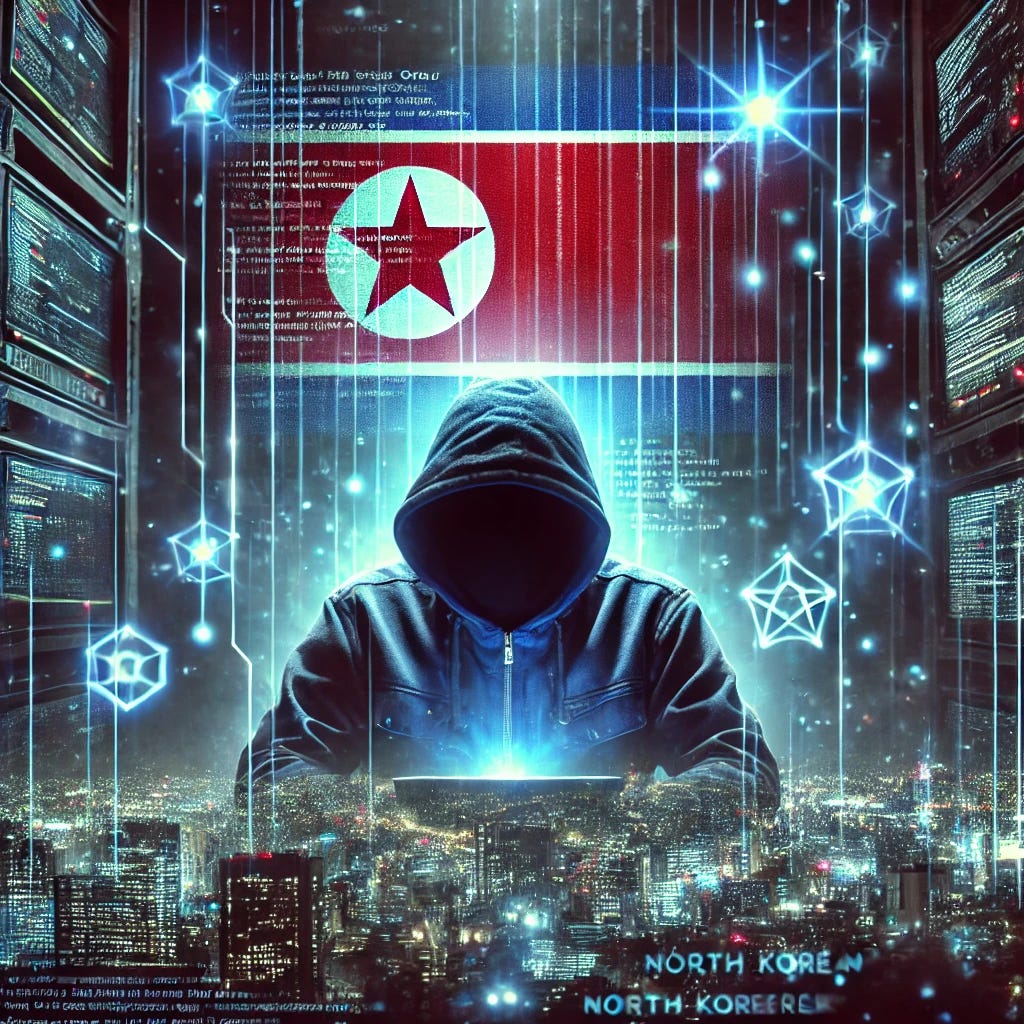 A dark and mysterious digital illustration representing the Lazarus Group, a notorious North Korean hacking organization. The image features a hooded hacker in a dimly lit room, surrounded by floating holographic cryptocurrency symbols and lines of malicious code. In the background, a subtle outline of the North Korean flag is blended into a cyber-dystopian cityscape, symbolizing state-sponsored cyber warfare. The overall tone is eerie and high-tech, with glowing blue and red neon lights creating an intense, ominous atmosphere.