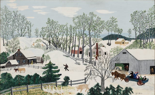 Grandma Moses, Early Springtime on the Farm - snowy farm scene with pine and other taller trees, a horse drawn wagon, geese, cows, dog and people amongst the farm buildings. and hills.