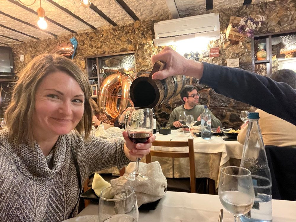 The table wine is homemade by the family from their vineyard each year and served in wooden pitchers. The table wine is homemade by the family from their vineyard each year and served in wooden pitchers.