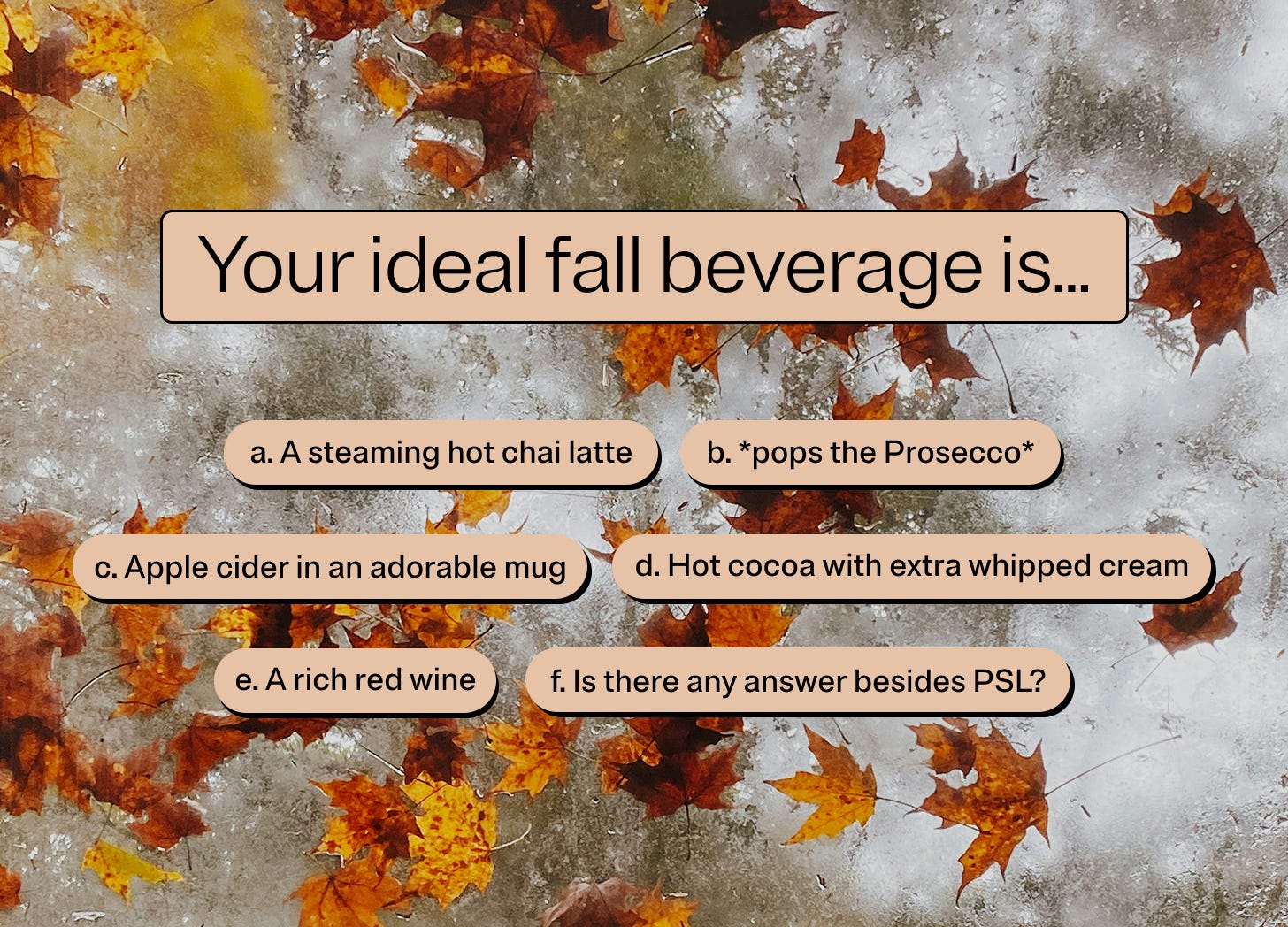 Your ideal fall beverage is…  a. A steaming hot chai latte  b. *pops the Prosecco*  c. Apple cider in an adorable mug  d. Hot cocoa with extra whipped cream e. A rich red wine  f. Is there any answer besides PSL? 
