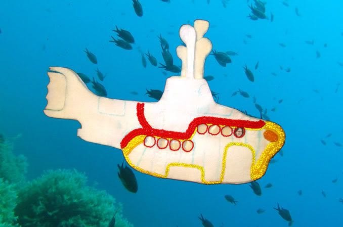 Beaded Yellow Submarine bead embroidery pop art Boston artist Beatles Blue Meanies painting underwater Beaded Yellow Submarine bead embroidery pop art Boston artist Beatles Blue Meanies painting underwater