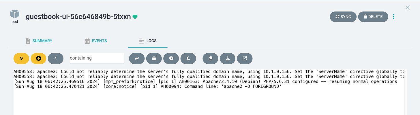 Vue des logs du pod de l'application guestbook