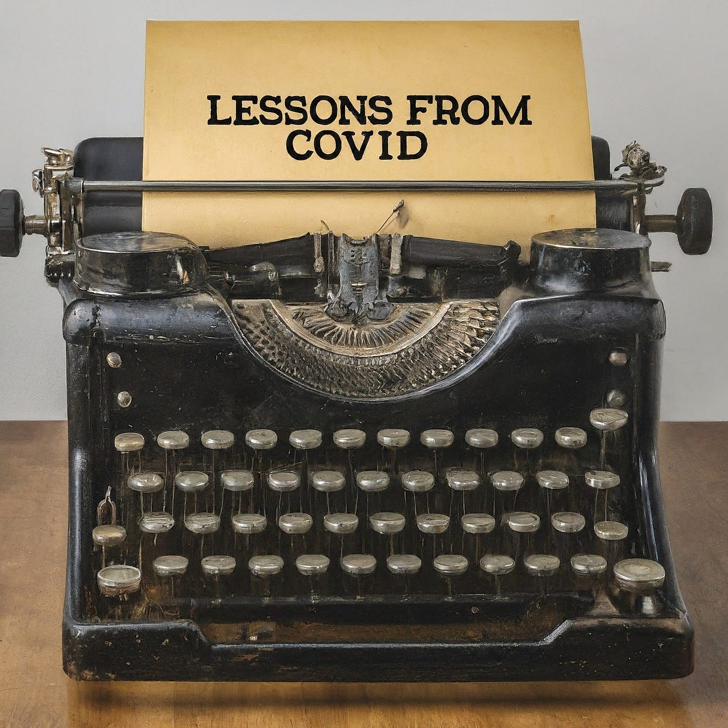 Old typewriter printing the words "lessons from Covid" in capital letteres