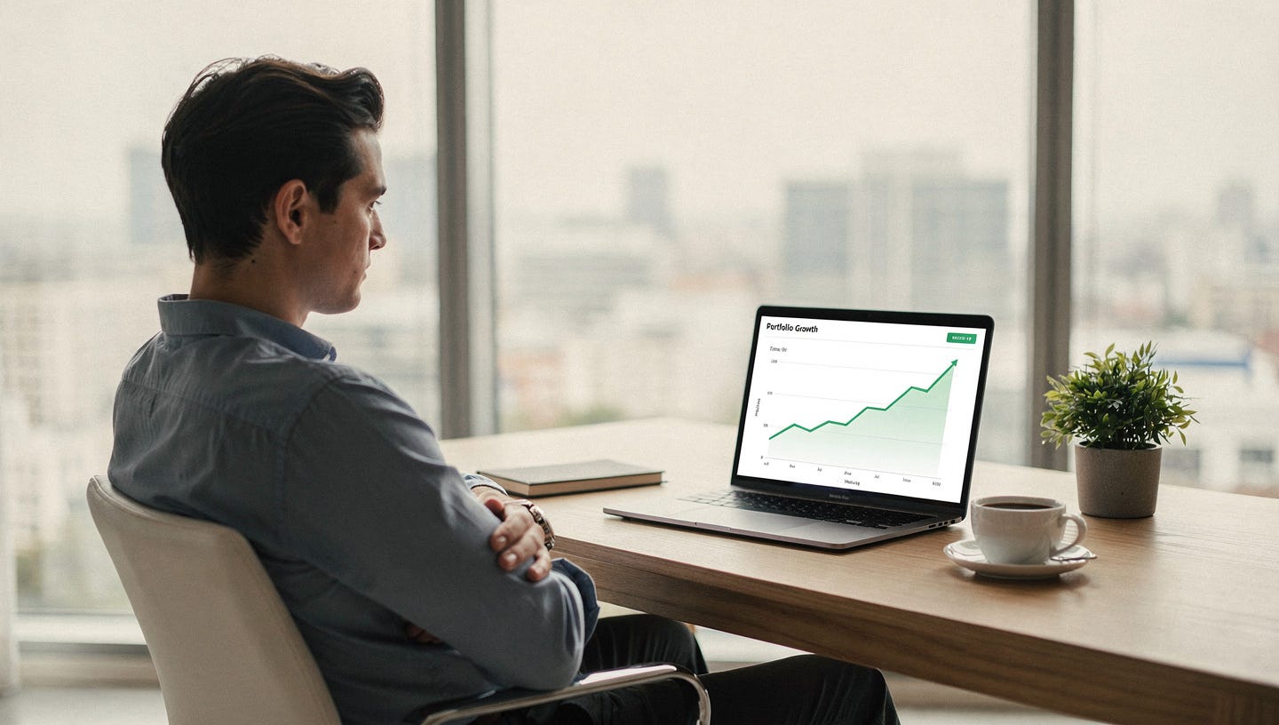 Photorealistic editorial photograph. A calm, focused person sitting at a minimalist wooden desk, leaning back slightly in a relaxed posture, arms crossed or hands resting, doing nothing. In front of them, a laptop screen shows a steady upward-trending investment portfolio graph in soft green. The desk is deliberately sparse: only a simple notebook, a coffee cup, and a small plant. Large window in the background with soft natural daylight flooding in. The mood is one of intentional stillness, patience, and quiet confidence — not laziness, but deliberate inaction as a strategy. Shallow depth of field. Muted, clean color palette: warm whites, natural wood tones, soft greens. No phones, no clutter, no financial newspapers. Wide 16:9 aspect ratio. Professional financial editorial photography style.