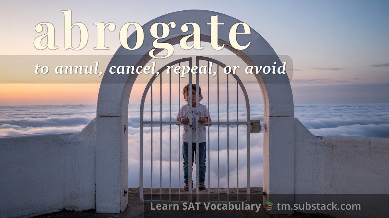 Illustration of a boy (a 'bro') behind a closed gate; used to illustrate the SAT word 'abrogate'.