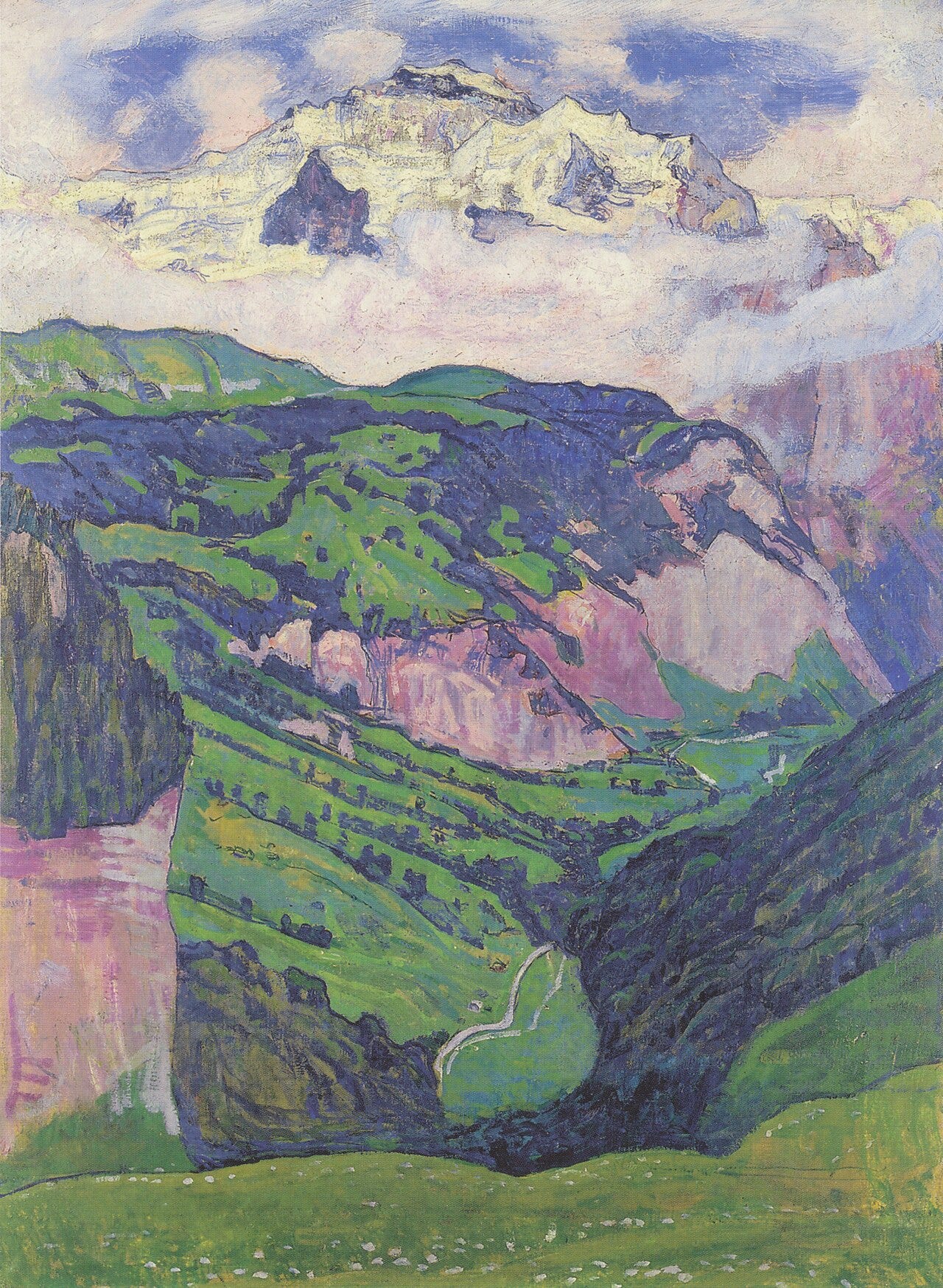 A pink and white Swiss peak above cloud in flat bands A pink and white Swiss peak above cloud in flat bands