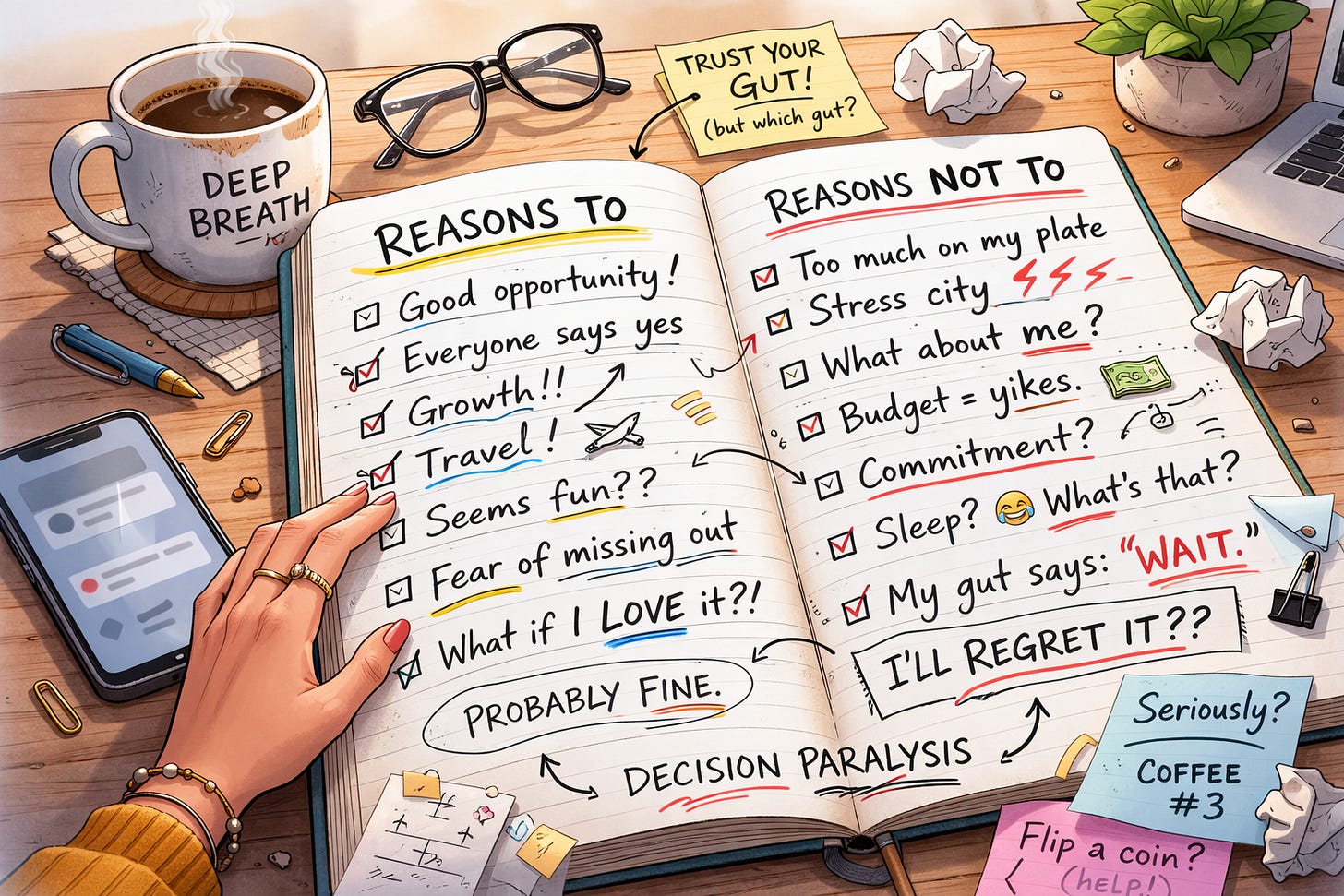 Colorful cartoon illustration of an open notebook on a cluttered desk with two handwritten columns titled ‘REASONS TO’ and ‘REASONS NOT TO.’ The page is filled with messy bullet points, arrows, and doodles suggesting overthinking. A hand holding a pen hovers mid-decision. Sticky notes with playful phrases like ‘Seriously?’ and ‘Flip a coin?’ are scattered around, alongside a coffee mug and crumpled paper, creating a humorous, chaotic decision-paralysis scene.