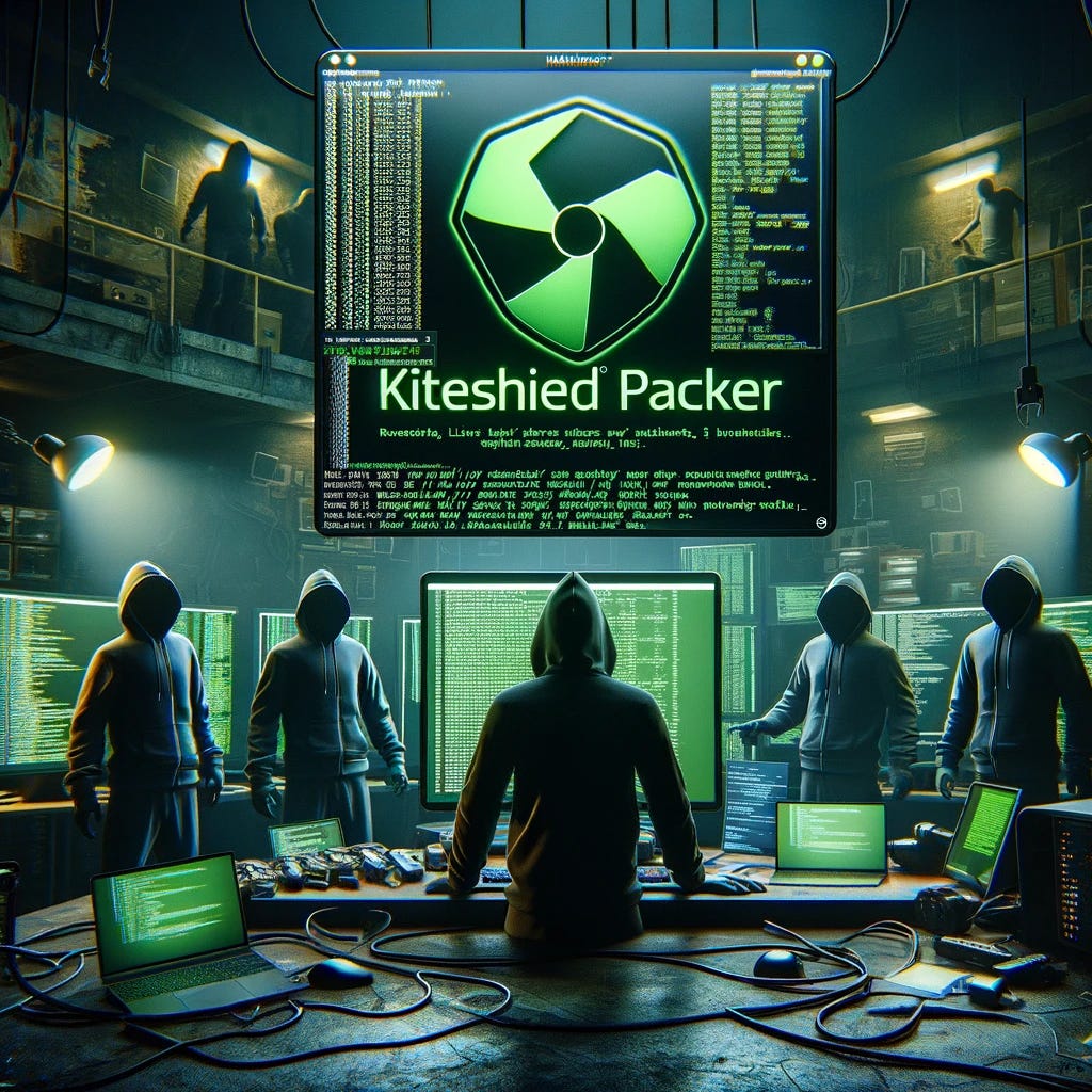 A realistic 3D scene illustrating the KiteShield Packer being abused by Linux cyber threat actors. The central focus is on a Linux terminal running malicious code, with the KiteShield Packer logo displayed prominently. Around the terminal, there are shadowy figures in hoodies representing the cyber threat actors. The background features elements of a typical hacker's workspace, including multiple monitors displaying code, a dimly lit room, and various pieces of tech equipment. The atmosphere is dark and intense, with green and black tones highlighting the cyber threat.