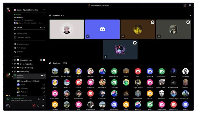 A screenshot of a Discord interface displaying multiple user profiles and video feeds. Visible elements include a grid of circular profile icons, some with user avatars, and a few larger video panels showing participants, including one with a blue Discord logo. Text overlays include channel names like "Youth Against Corruption" and user status indicators.