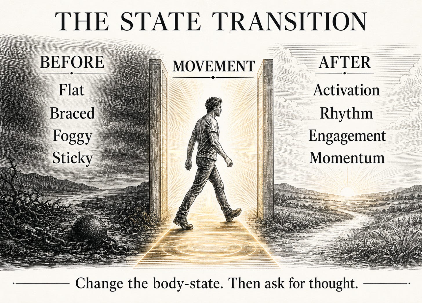 A three-stage diagram shows flatness, bracing, fog, and stickiness crossing through movement into activation, rhythm, engagement, and momentum.