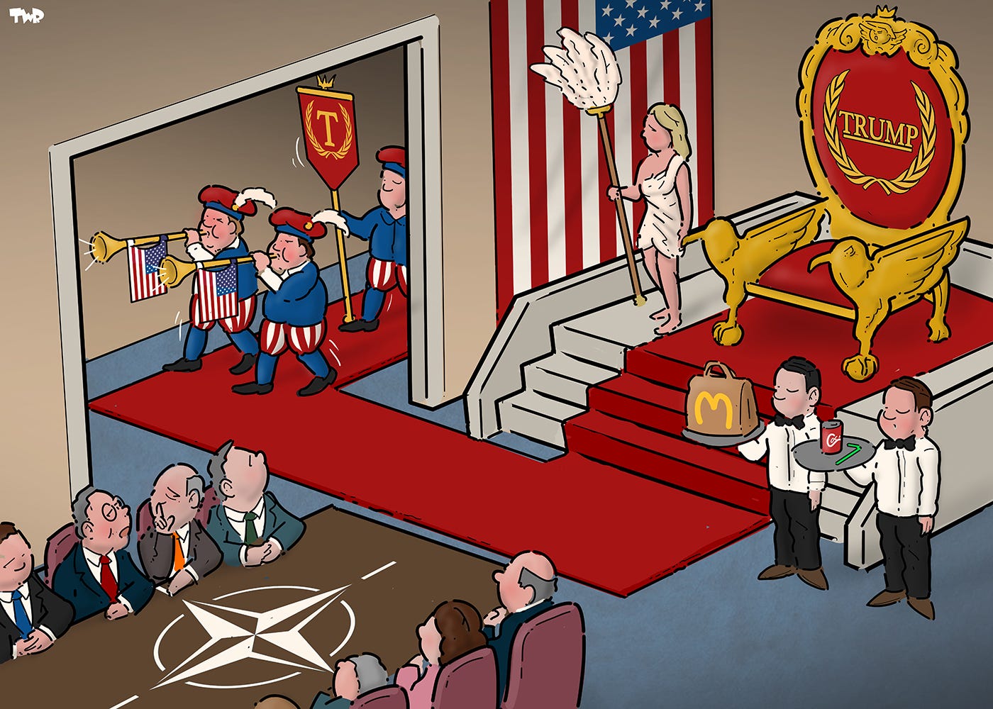 A cartoon shows a NATO meeting disrupted by fanfare as Trump enters on a red carpet, greeted by a woman with a cooling fan and two waiters serving McDonald’s. His gold throne and flag are displayed near the American flag.