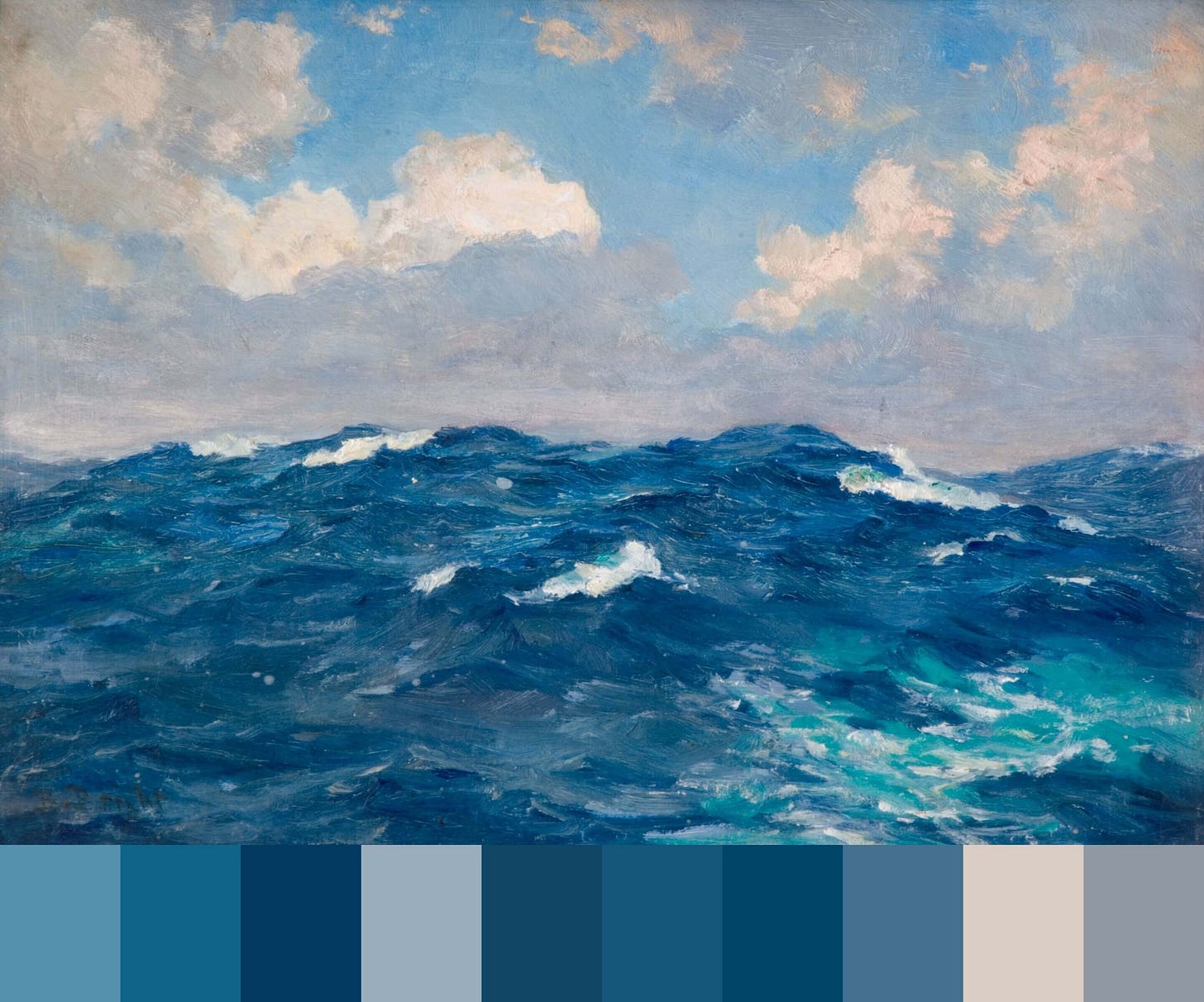 Beatrice Bright’s "Atlantic Rollers," a classical oil painting of a vast, turbulent ocean under a pale, cloud-heavy sky. Deep blue waves with white-capped peaks dominate the foreground, rendered with textured brushstrokes. Below the painting, a horizontal palette strip displays ten distinct color swatches extracted from the work, ranging from deep navy and cerulean to muted sand and slate gray.