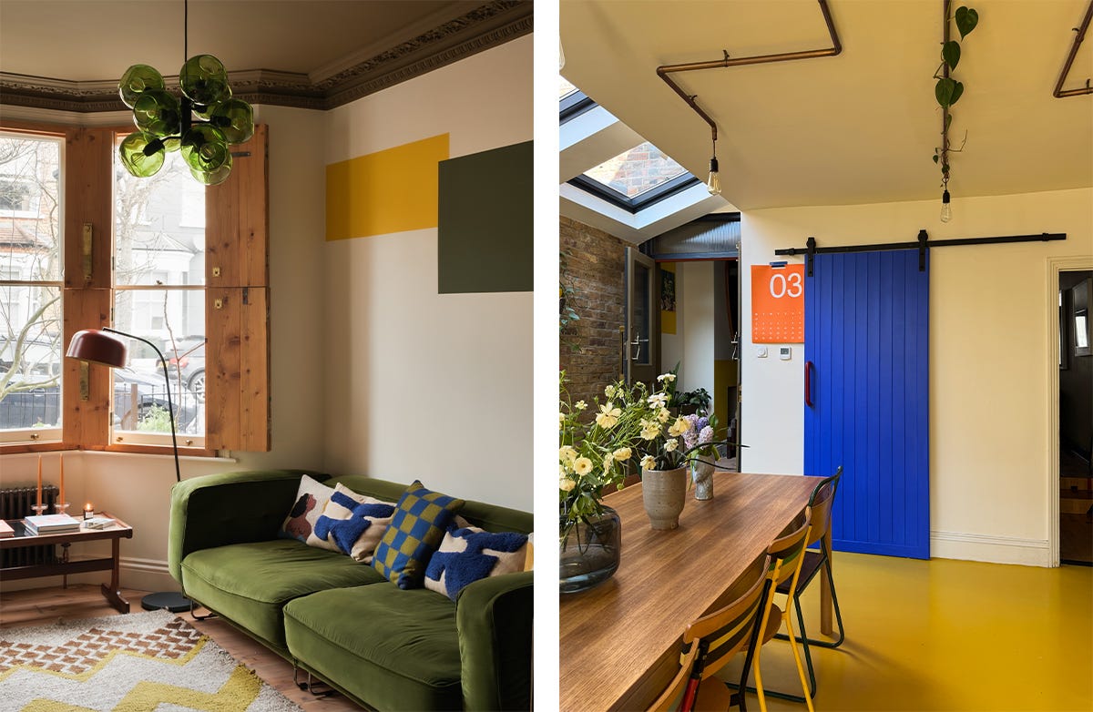 Living room with green velvet sofa; kitchen dining are with yellow floors