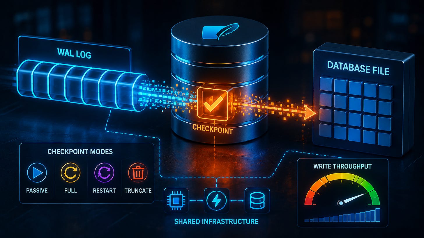 A technical illustration of data moving from a WAL Log to a Database File during a checkpoint. 