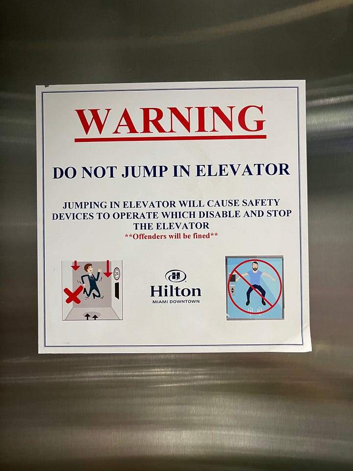 top left: chickens in a palm tree at the metromover station; top right: red telephone booth; bottom left: sign in hotel elevator that said do not jump; bottom right: picture of young Henry Flagler with a placard about what a looker he was