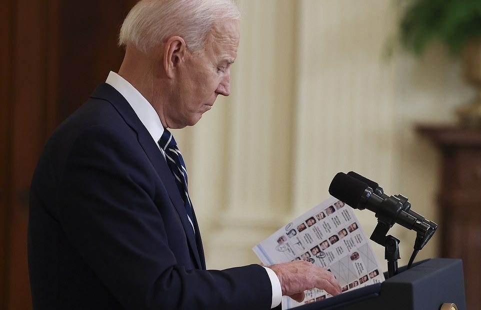 Images taken during President Joe Biden's first press conference on Thursday showed him using cheat sheets. The 78-year-old Democrat is seen holding one sheet that showed the headshots (pictured) of journalists at the press conference that he planned on calling on