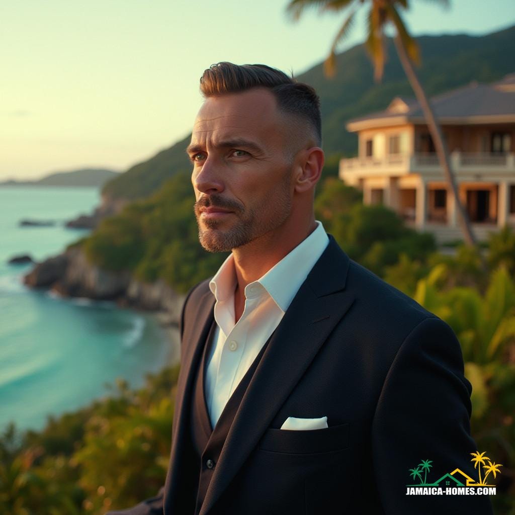 A suave and sophisticated real estate agent, impeccably dressed in a tailored suit, stands confidently in front of a luxurious Jamaican villa, with the vibrant turquoise ocean and lush green hillsides of the island paradise unfolding in the background. The agent's face is illuminated by the warm, golden light of the setting sun, casting a dramatic glow on their features.