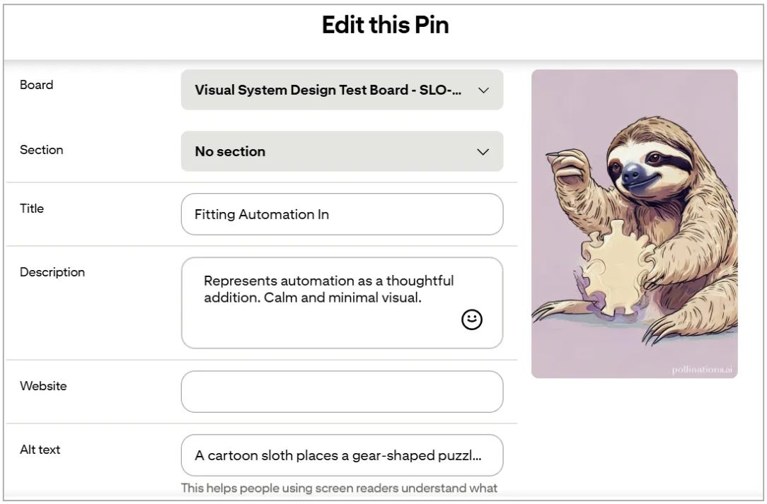 A screenshot of pin details and image, created using n8n automation. The AI image shows a cartoon sloth holding a gear-shaped puzzle piece, symbolising thoughtful automation. The background is soft purple, conveying a calm, minimal tone. The pin details include board, pin title, pin description, and alt text.