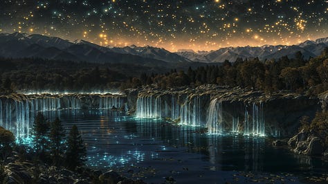 Luminous canyon, vivid sunset, river of stars, surreal, cascading waterfalls, bioluminescent flora, hypnotic depth, ethereal, floating rocks, cosmic backdrop.