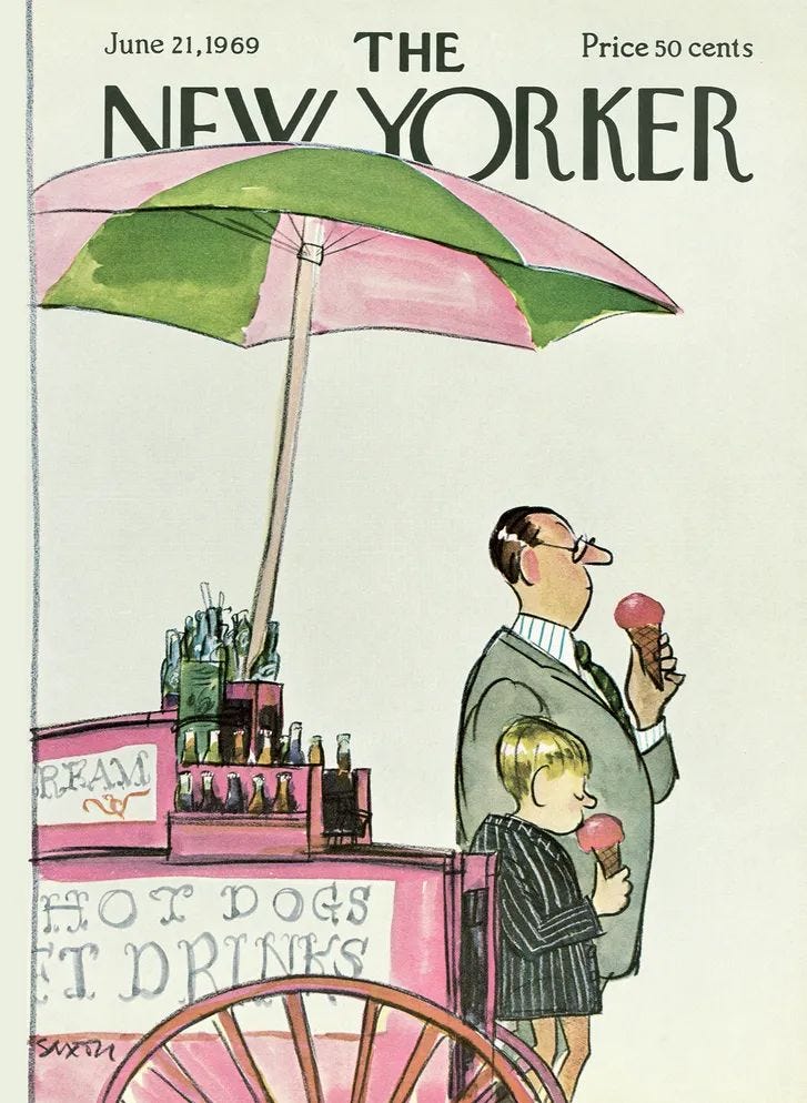This may contain: the new yorker magazine cover shows a man and child eating ice cream from a cart This may contain: the new yorker magazine cover shows a man and child eating ice cream from a cart