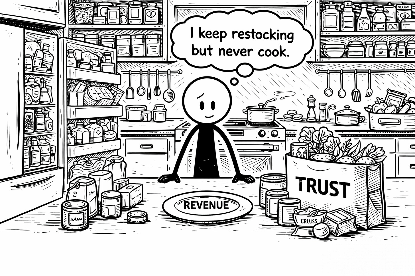 A stick figure sits in a fully stocked kitchen surrounded by groceries labeled Trust, staring at an empty plate labeled Revenue, with a thought bubble reading "I keep restocking but never cook." A stick figure sits in a fully stocked kitchen surrounded by groceries labeled Trust, staring at an empty plate labeled Revenue, with a thought bubble reading "I keep restocking but never cook."
