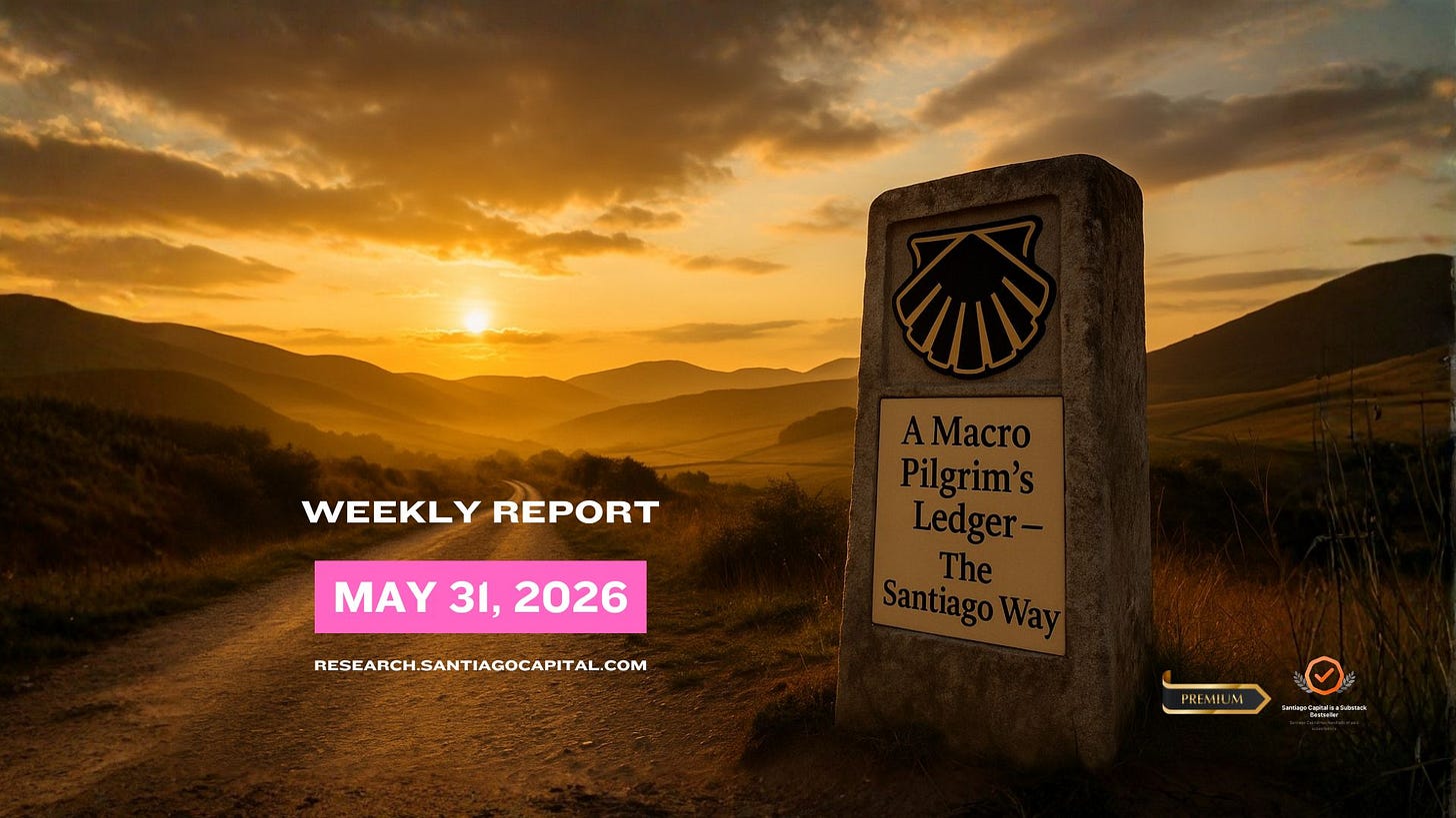 Santiago pilgrimage stone marker at sunset with weekly report May 31 2026 text overlay