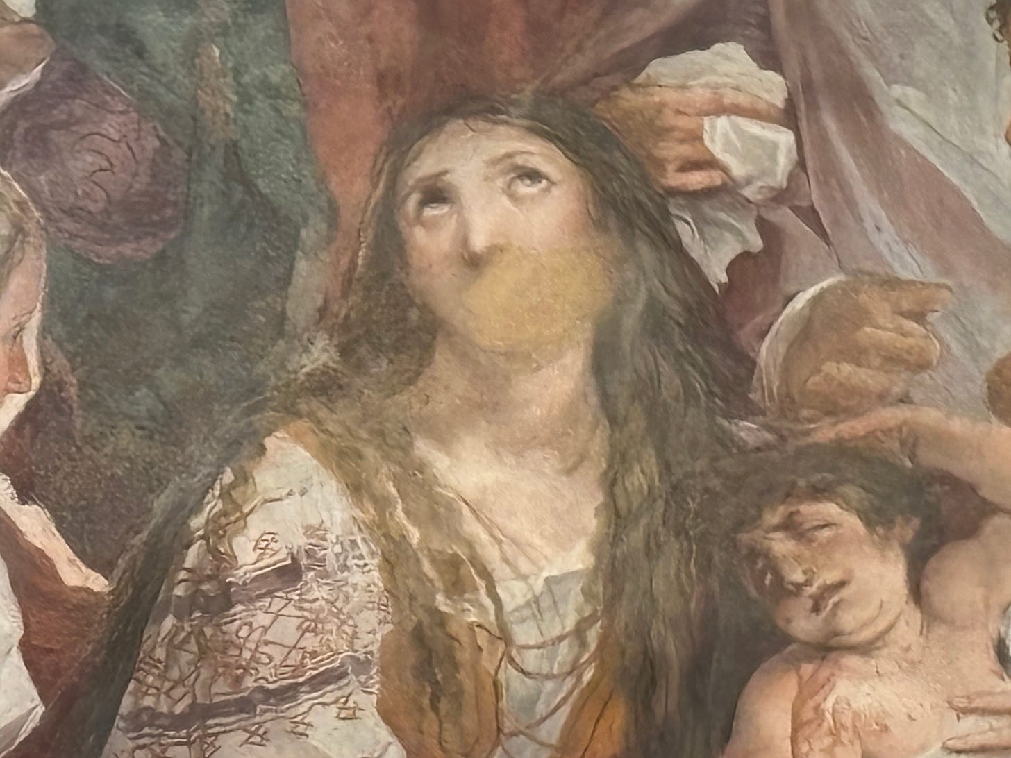 Medieval painting of woman dark hair smudged out mouth holding a crying baby Medieval painting of woman dark hair smudged out mouth holding a crying baby