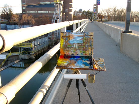 Plein Air on the Bridge Photograph of Artist Painting en Plein Air on a Bridge