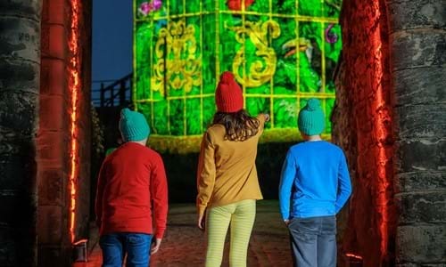 three children in bright clothes and wooly hats standing looking at an illuminated castle wall with green and yellow decorations projected onto the surface