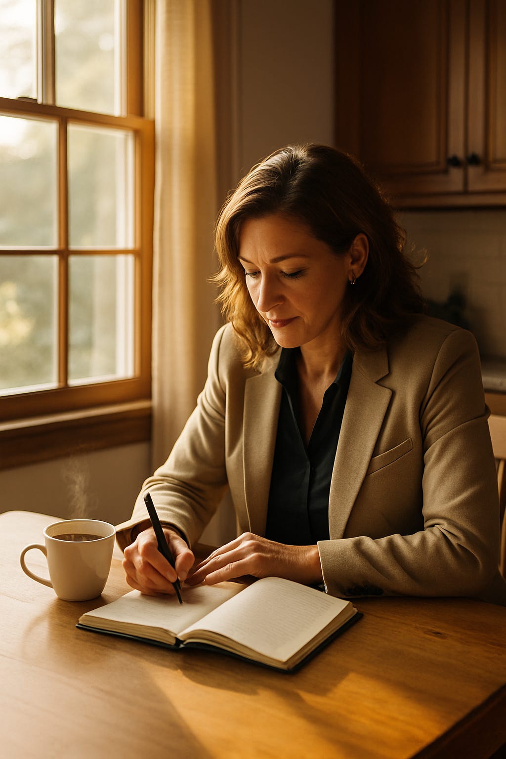 A real-estate agent writes notes by hand in warm afternoon light beside a cup of coffee.