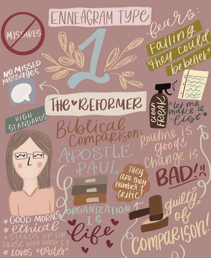 A cartoon depicting traits of the Enneagram Type 1, which includes a need for order, avoiding mistakes, and general perfectionism. It includes a note that a Biblical comparison might be the Apostle Paul.