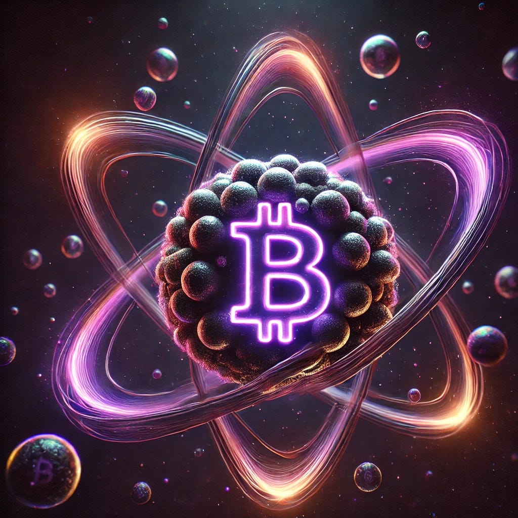 A realistic and artistic depiction of atoms at a microscopic level with a glowing Bitcoin symbol at the center of the atomic nucleus. The color palette is dark and moody, featuring black, deep purple, and vibrant neon highlights. Electron orbits are represented with subtle glowing trails in purple and violet tones, creating a futuristic and unique look. The Bitcoin symbol emits a faint purple glow, contrasting against the dark background. The image has a photorealistic texture and an ethereal, scientific atmosphere, avoiding standard bright or overly saturated colors.