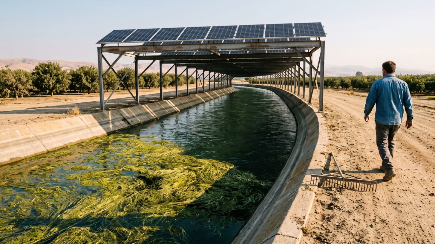 Solar panels shading a canal where aquatic weed once grew