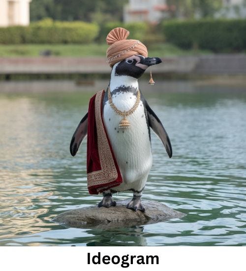 different images of a penguin wearing indian attire.