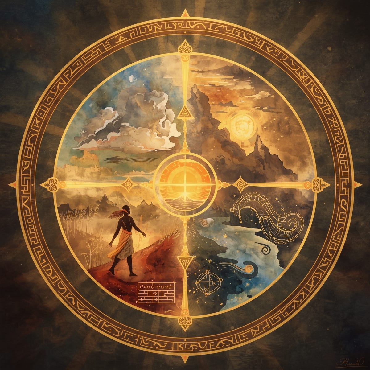 A sacred cosmogram symbolizing the African spiritual principle of Oneness, illustrated as a glowing circular diagram divided into four equal quadrants.

East quadrant (Birth/Awakening): A rising sun emerging from soft clouds, symbolizing incarnation and the choosing of Ori.

South quadrant (Life/Becoming): A dancer walking a red earth path beneath a midday sun, representing the physical journey and spiritual becoming.

West quadrant (Death/Transition): A serene river with a single floating shell, surrounded by twilight hues—evoking letting go and spiritual passage.

North quadrant (Ancestral/Rebirth): Swirling winds carrying faint stars and ancestral symbols, suggesting guidance and return to source.

The entire cosmogram glows with golden light, etched with ancient African glyphs around the edge, and radiates soft, watercolor-style energy.
Earth tones, indigo, rust, and gold dominate the palette.
Ethereal, magical, and reverent—evoking ancestral presence and cosmic rhythm.
Spiritual diagram, Afrocentric design, sacred geometry.