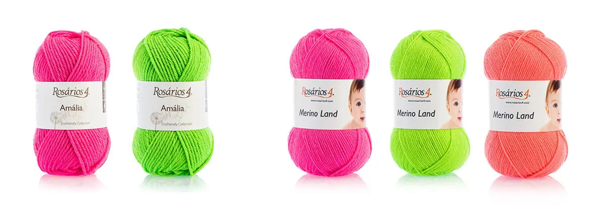 Five neon yarn skeins, from left to right: pink, green, pink, green and orange.