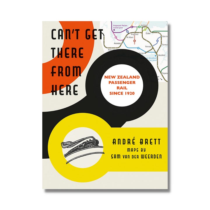 The covers of the books 'Can't Get There from Here', which as maps of train routes and circle graphics, as well as 'Less is More' which is black and white type with white arrows on a green background.